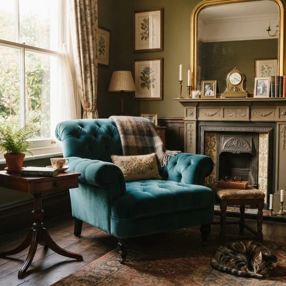 Period sitting room with a teal armchair