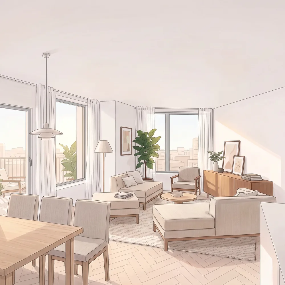 Sketch-style render of an apartment living room